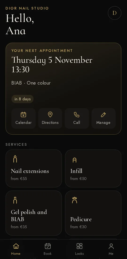 App screen: Your next appointment, directions and a call in one tap
