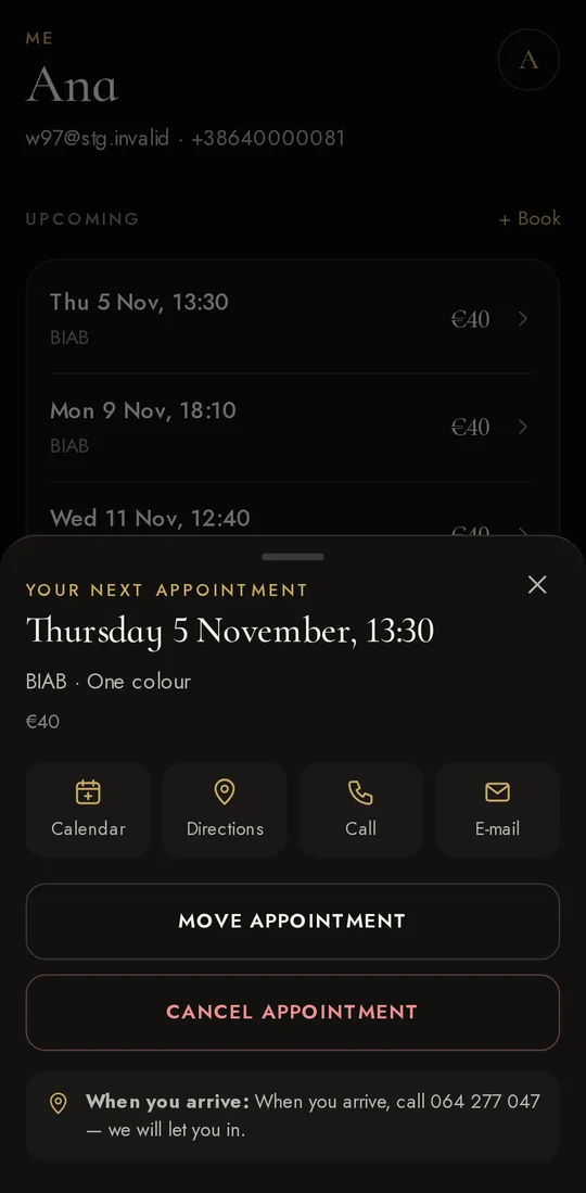 App screen: Move or cancel an appointment yourself
