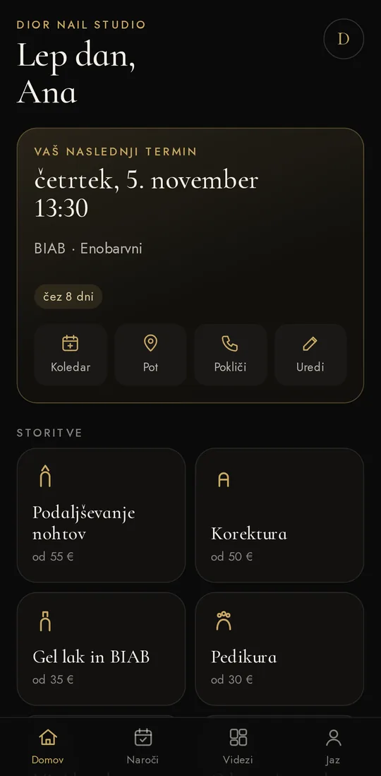 Zaslon aplikacije: Vaš naslednji termin, pot in klic na en dotik