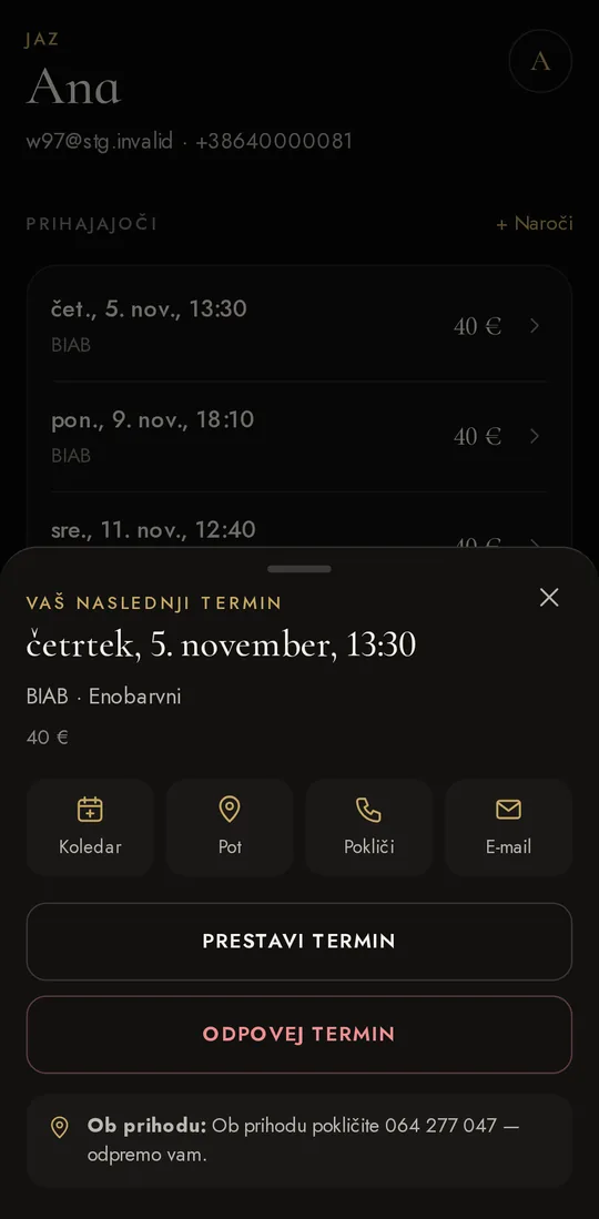 Zaslon aplikacije: Termin prestavite ali odpoveste sami
